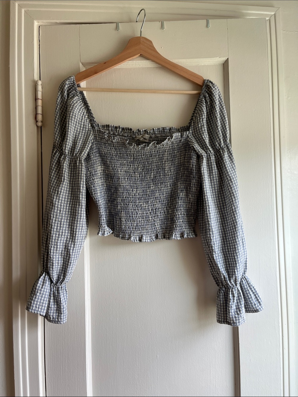 Urban Outfitters dusty blue and cream Gingham Smocked Off-Shoulder Crop Top